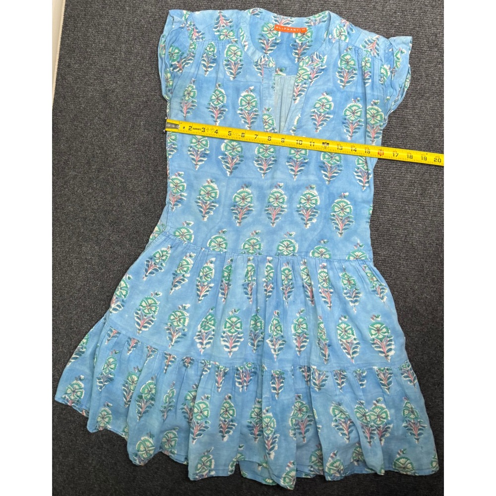 Oliphant Roll Sleeve Blue Floral Print Cotton Tiered Dress Womens XS Boho Chic - Picture 6 of 7